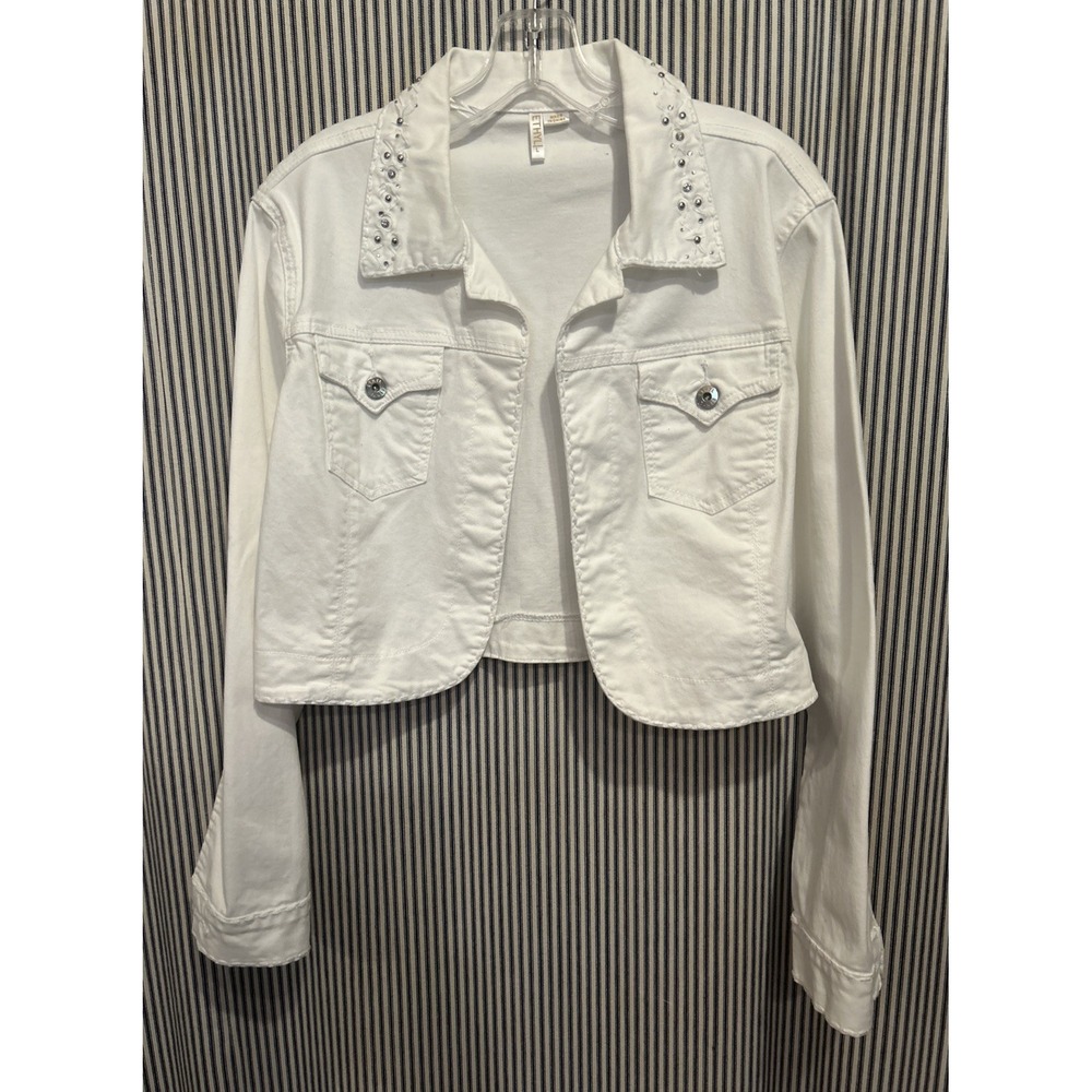 Ethyl White Denim Crop Jacket Size Large Stretch Studded & Rhinestone Collar